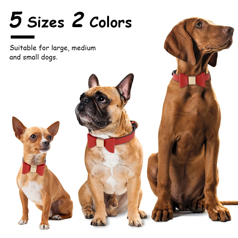 Personalized Dog Collar with Bowknot - Custom Engraved PU Leather