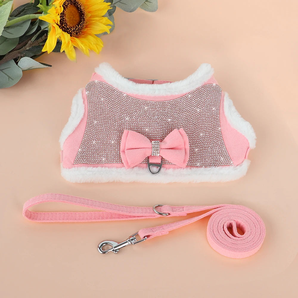 Bling Rhinestone Dog Harness and Leash Set with Bowknot - Warm Padded Vest