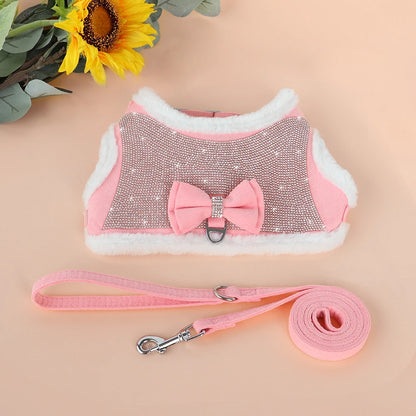 Bling Rhinestone Dog Harness and Leash Set with Bowknot - Warm Padded Vest