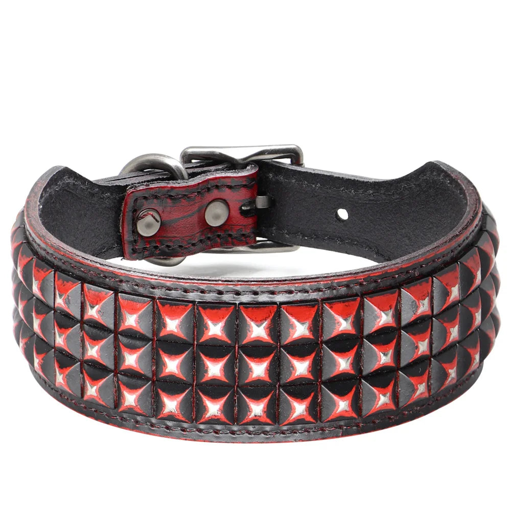 Luxury Leather Dog Collar 2 Inch Wide Diamond Spike - Large Dogs Red