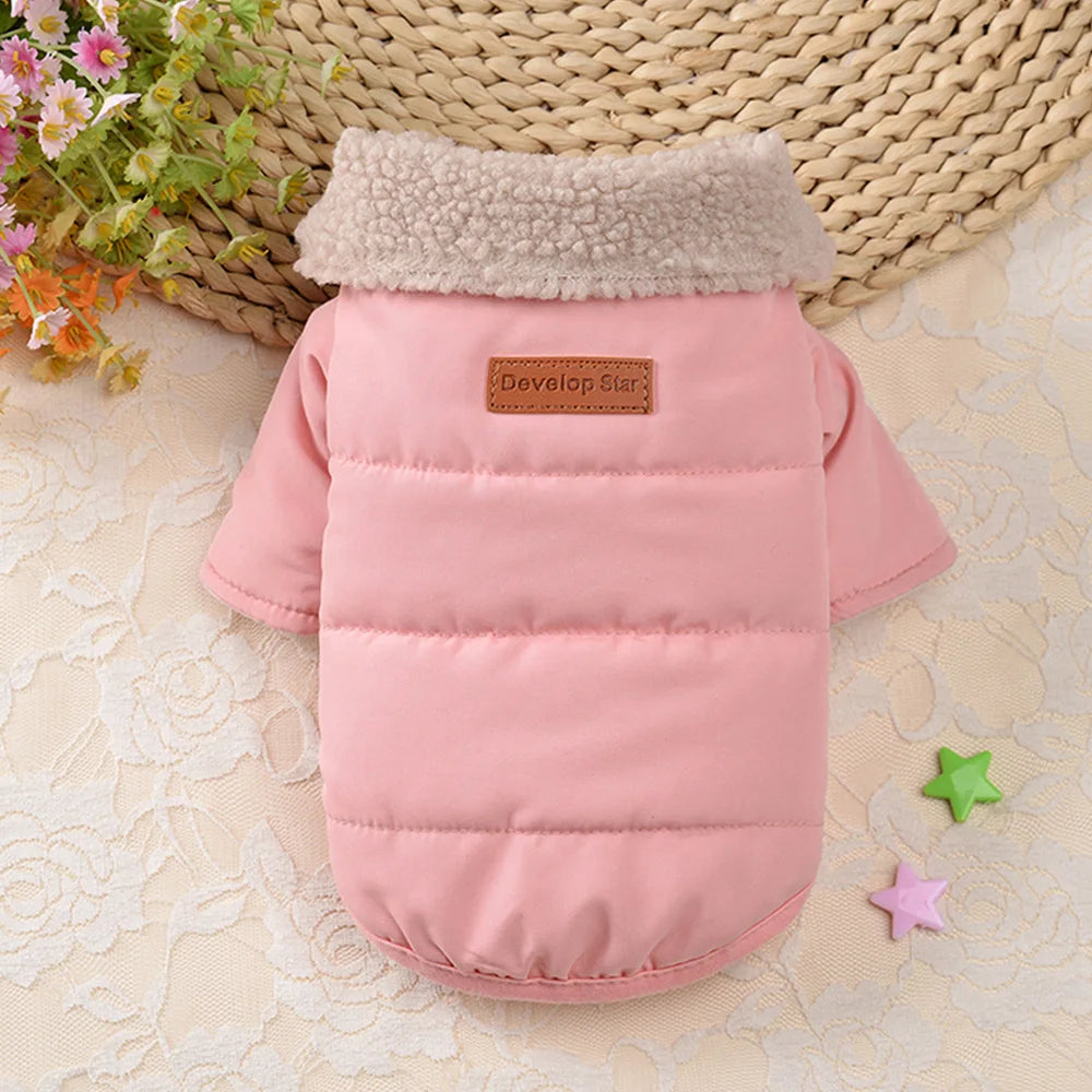 Warm Winter Dog Jacket with Fur Collar - Thick Outdoor Coat Pink