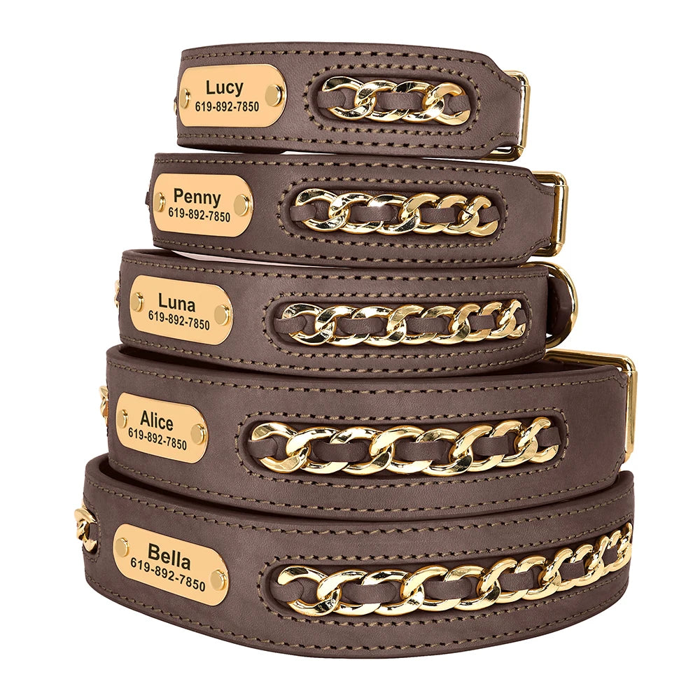 Personalized Leather Dog Collar with Name Tag - Custom ID Collar