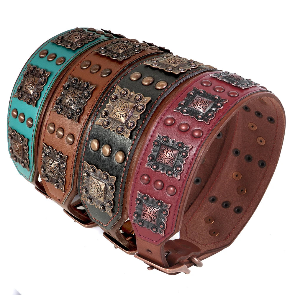 Leather Dog Collar Leash Set Large Dogs - Padded Wide Metal Rivet