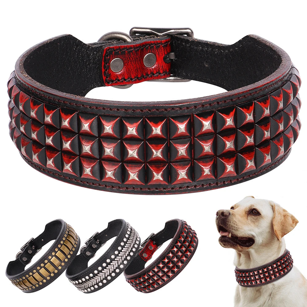 2 Inch Wide Leather Dog Collar with Spikes for Large Dogs