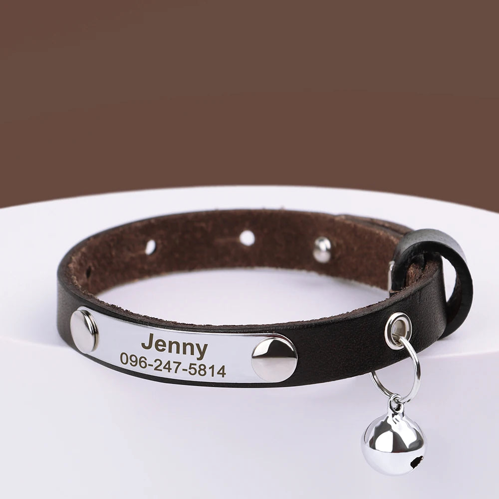 Personalized Leather Cat Collar with Bell - Custom Engraved Pet ID Brown 15-23cm