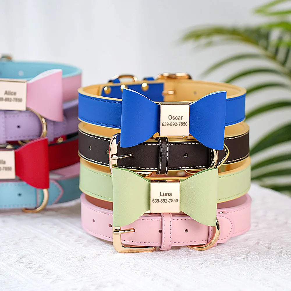 Personalized Dog Collar with Bowknot - Custom Engraved PU Leather